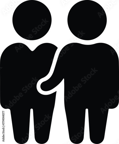 Supportive gesture icon showing empathy, Simple black icon of one person comforting another, symbolizing empathy, emotional support, care, solidarity, and guidance in challenging moments.

