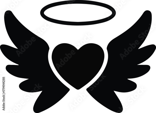 Angel heart icon for purity, love and protection, Black silhouette of a heart with wings and a halo, symbolizing angelic love, purity, protection, spirituality, and uplifting emotional themes.


