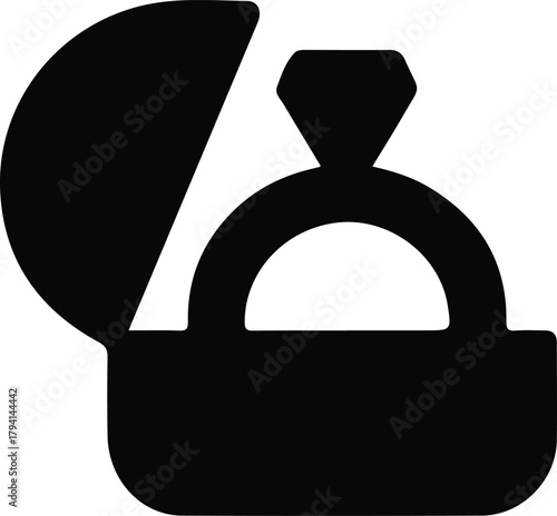 Engagement ring box icon for proposal moments, Black silhouette of an open ring box displaying a diamond ring, symbolizing engagement, marriage proposals, romance, and special celebration events.

