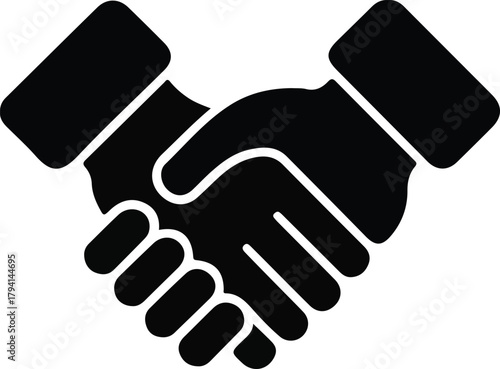 Handshake icon for partnership, agreement and teamwork, Black silhouette of two hands shaking, symbolizing cooperation, business agreement, partnership, trust, teamwork, and mutual support.

