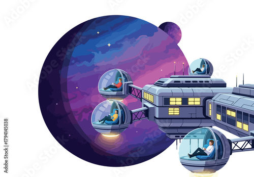 Futuristic Space Station Habitat with Planet Backdrop Illustration.