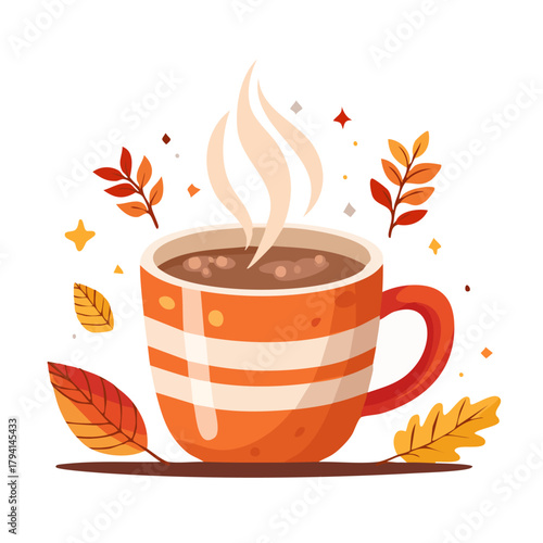icon of cozy warm drink mug with steam, autumn color palette, minimal aesthetic