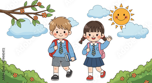 Cartoon school children walking, outdoor scene, happy kids, blue uniforms, backpacks, sunny day, educational illustration, nature background, student characters