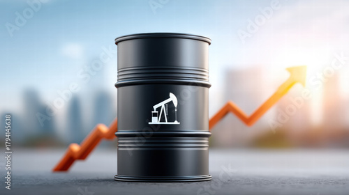 Oil price movement in emerging markets concept with barrel and rising arrow symbolizing growth