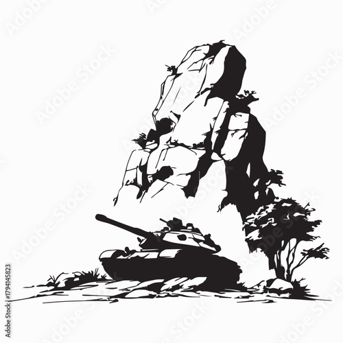 Military Tank Outdoors with Rocks Vector Image Vector 