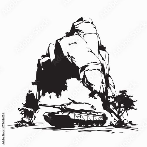 Battle Tank in Outdoor Mountain Landscape Vector