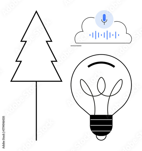 Abstract tree and light bulb with voice recognition cloud symbolize innovation, technology, and sustainability. Ideal for renewable energy, eco-friendly ideas, creativity, minimalism, futuristic