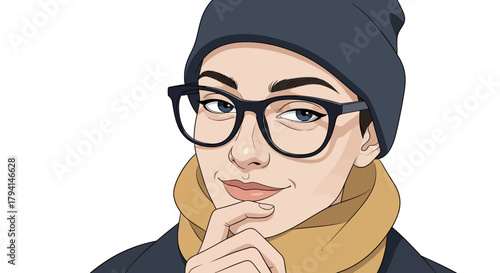 Illustrated portrait of a thoughtful young person wearing a beanie, glasses, and a scarf, with a hand on their chin.