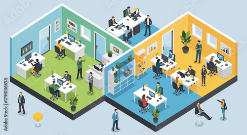 Isometric view of a modern open-plan office with multiple teams working in colorful sections.