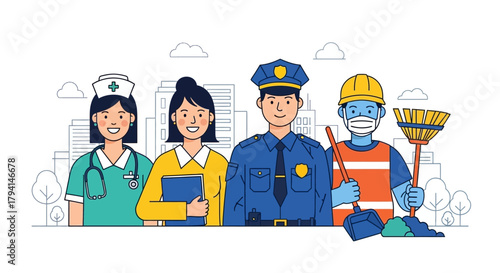 Illustration depicting various professionals, including a nurse, office worker, police officer, and sanitation worker.