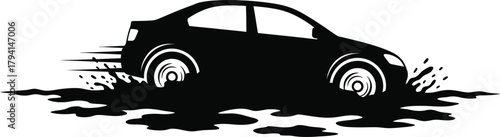 Dynamic car graphic depicting a vehicle speeding through mud, perfect for illustrating offroad adventures and automotive themes