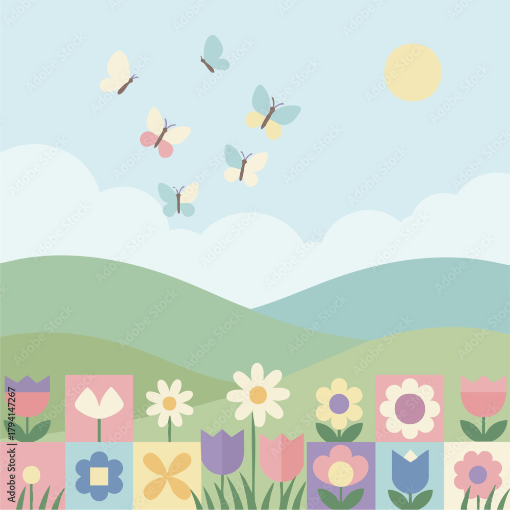 Naklejka premium Spring Floral MeadowA bright flat-vector landscape of a spring meadow, blooming wildflowers, soft hills, butterflies in the sky, pastel color palette, minimal details, clean geometric shapes, modern