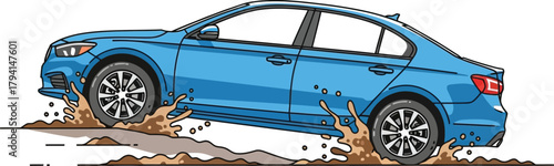 Blue sedan driving through muddy terrain, showcasing its allwheel drive capability and handling