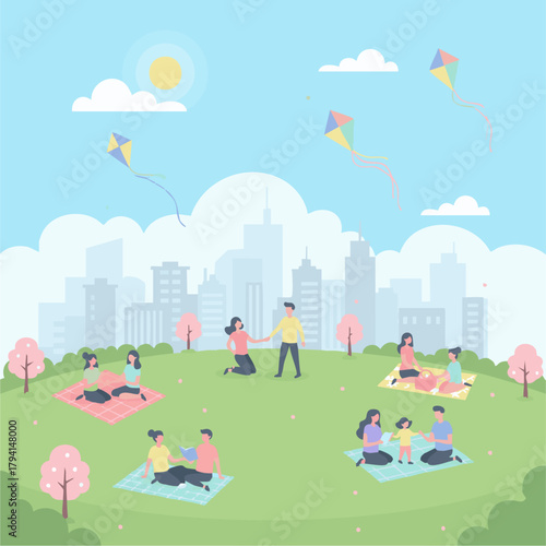 Spring City Park Picnic Hill

Flat-vector city skyline behind a green spring hill, people relaxing on blankets, kites flying, blossoming trees, pastel palette, cheerful spring vibe.