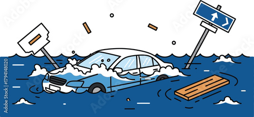 Car submerged in floodwater, emphasizing the devastating impact of natural disasters and the importance of safety