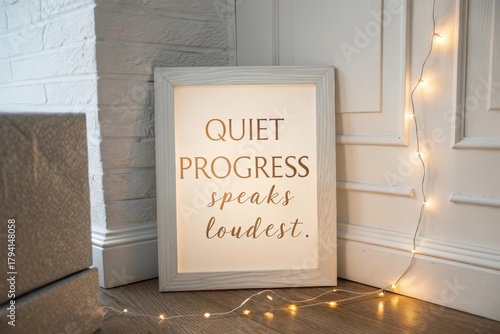 Minimal Frame Shows Quote 'Quiet Progress Speaks' with Soft Light