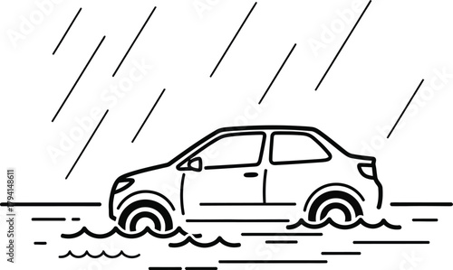 A car drives through a flooded street during a heavy rainstorm, highlighting the dangers of driving in severe weather