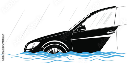 Black car stuck in flood water with open door, vector illustration car accident during heavy rain, natural disaster