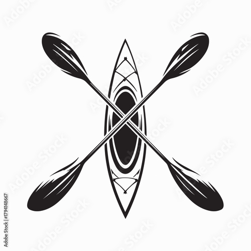 Crossed Kayak Paddles and Boat Logo Vector on white background