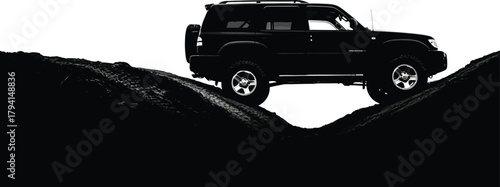 Black offroad car climbing a hill, vector illustration extreme driving, offroad adventure, 4x4 vehicle