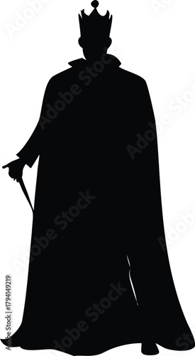 Silhouette of a regal king with crown robe and scepter in black
