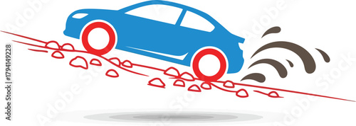 A blue car driving on a rocky road with red wheels, creating a sense of speed and motion