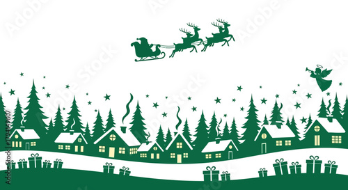 Green Silhouette of Christmas Village and Sleigh