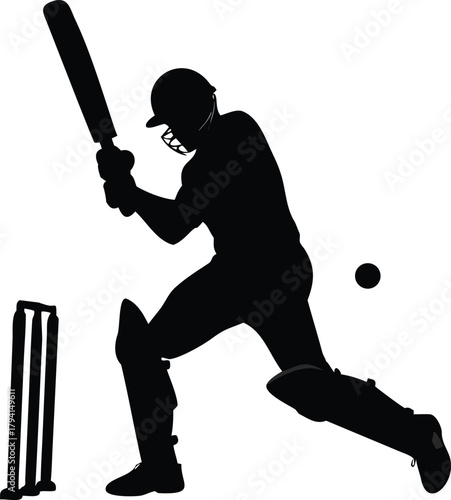 Silhouette of a cricket batsman preparing to hit the ball