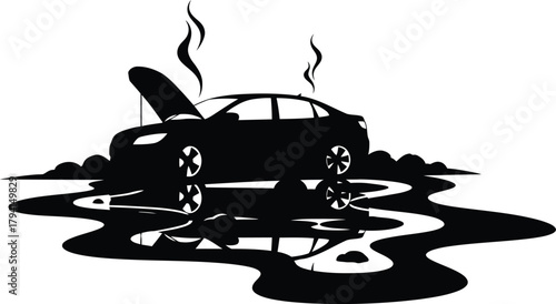 Car with open hood and smoke, surrounded by coolant, a symbol of breakdown, maintenance, and automotive issues