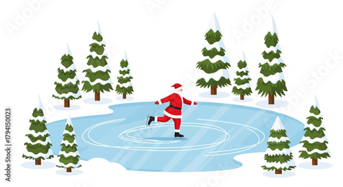 Santa Claus Ice Skating in Winter Scene