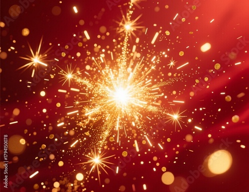 Golden Spark Explosion on Rich Red Background - Festive and Magical Abstract Design