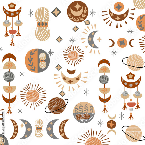 vector set of vintage moon and yarn , boho moon , crochet