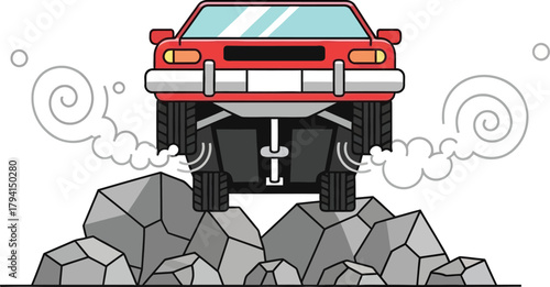 A red car climbing over rocks, with smoke coming from the tires, the vehicle is in motion and the background is plain