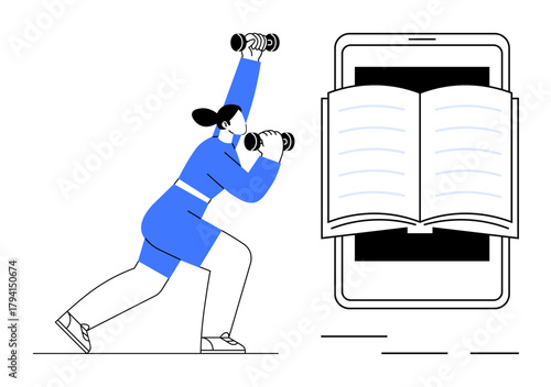 Woman in fitness attire performing dumbbell exercises beside a large smartphone displaying an open book. Ideal for fitness, education, health, motivation, digital learning, multitasking, modern