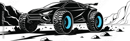 A black offroad vehicle with blue accents navigates a rocky terrain, showcasing its rugged design and capability for adventurous exploration