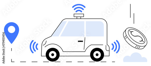 Self-driving car with wireless signals, location pin, and digital coin. Ideal for automation, technology, navigation, e-commerce, mobility transportation innovation. Simple flat metaphor