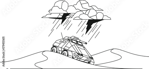 An armored vehicle is stranded in a desert storm, with rain and lightning, highlighting the challenges of desert warfare and extreme weather