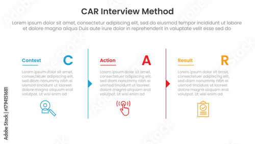 CAR interview method infographic 3 point with column separation with arrow outline for slide presentation