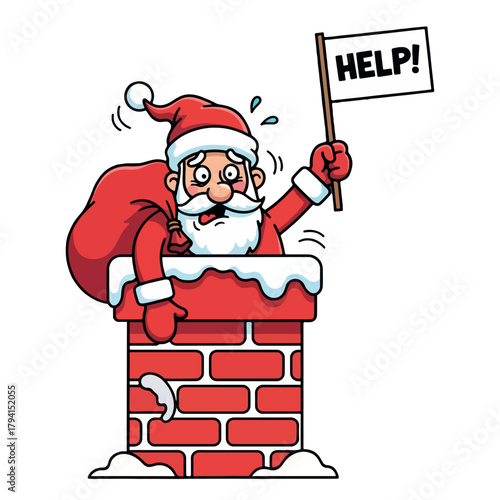 Santa stuck in chimney, funny cartoon