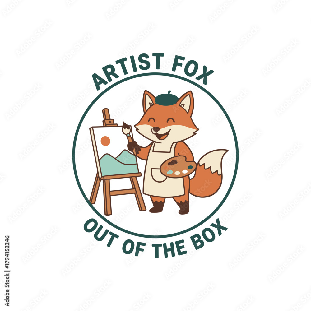 Fototapeta premium Retro cartoon illustration of a happy artist fox. An isolated animal character for stickers, posters, and creative branding