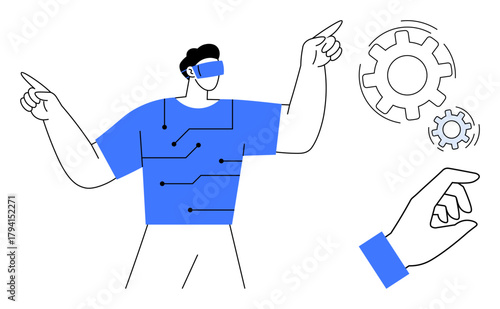 Man wearing VR headset pointing at interconnected gears, hand reaching for adjustments. Ideal for innovation, future, technology, digital interaction, creativity, robotics automation. Simple flat