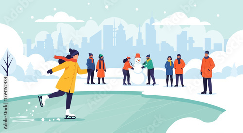 People Ice Skating in City Park in Winter