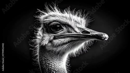 Close-up of an Ostrich Head in Black and White.