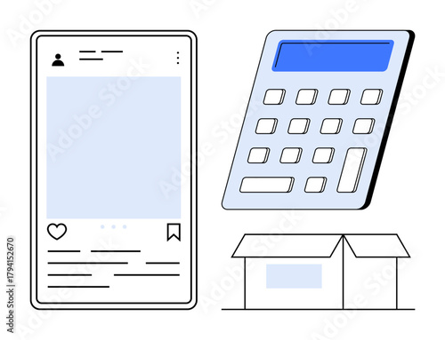 Smartphone interface with social post, calculator for financial operations, open box for shipment. Ideal for e-commerce, logistics, budgeting, planning, technology, retail and online business
