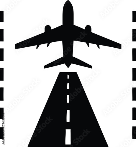 Airplane taking off from a runway simplified black and white illustration