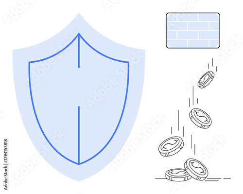 Shield for security, coins falling symbolizing finance and savings, and wall for privacy. Ideal for finance, insurance, digital security, cyber protection, privacy savings wealth management. Simple