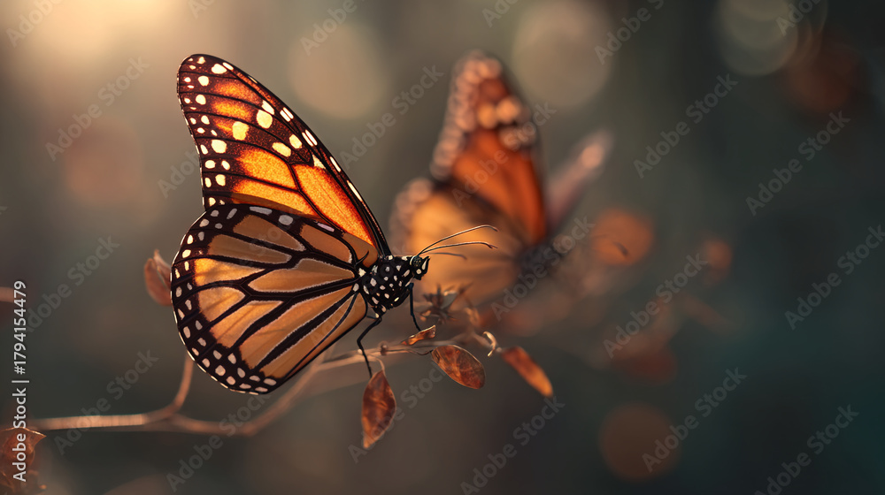 Fototapeta premium Close up of a monarch butterfly perched on a plant with another butterfly in the background