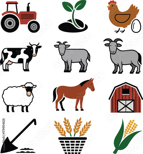 Farm animals and agricultural elements set tractor , tractor, seedling, chicken, egg, cow, goat, sheep,