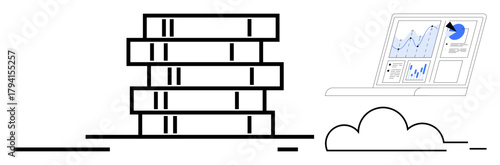 Stack of data servers next to a laptop displaying analytical graphs and charts. Ideal for technology, data management, cloud computing, analytics, IT solutions, business intelligence, simple flat
