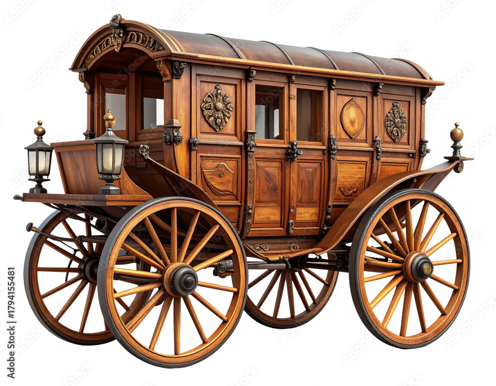 Fototapeta premium Antique Wooden Horse-Drawn Carriage, Front View, Isolated on Transparent Background